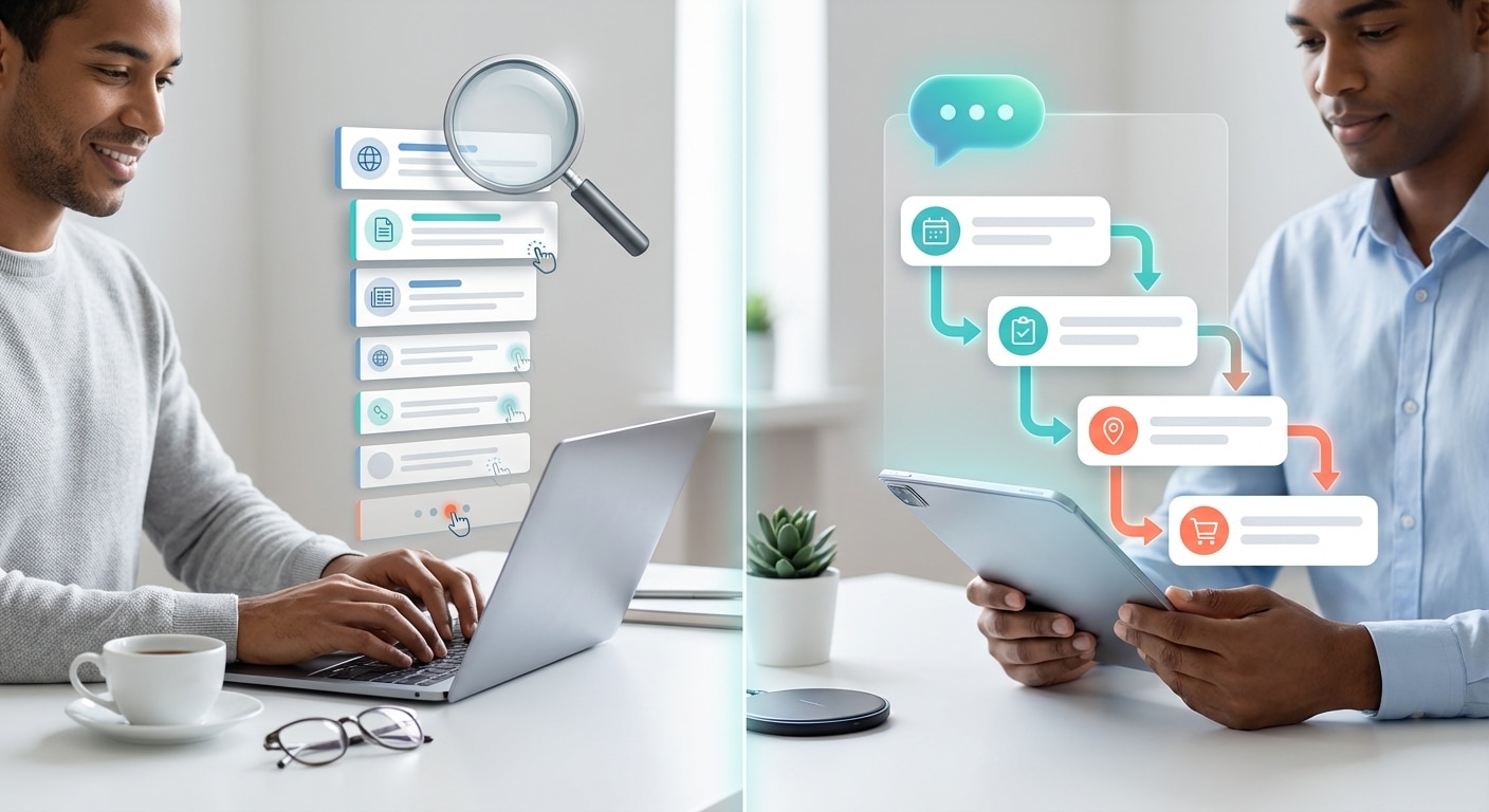 השוואה חזותית בין מסלול חיפוש מסורתי בגוגל לבין מסלול שיחה ומשימה בבינה מלאכותית