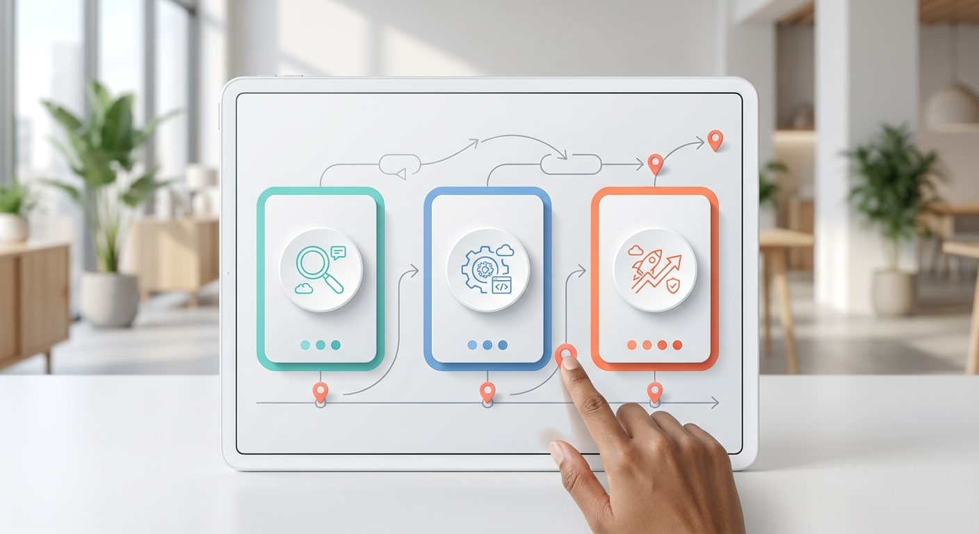 תרשים זרימה של תוכנית עבודה ל-90 יום ליישום אסטרטגיית חיפוש AI בעסק