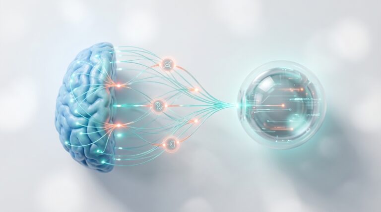 איור מופשט וחדשני של רשת קשרים דיגיטלית המחברת בין מוח אנושי לבינה מלאכותית, המסמל את המעבר מחיפוש מסורתי בגוגל למנועי תשובה חכמים