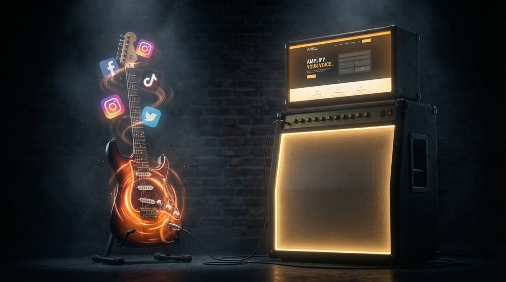 גיטרה חשמלית עם אייקוני רשתות חברתיות מחוברת למגבר עם אתר אינטרנט - שיווק דיגיטלי