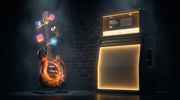 גיטרה חשמלית עם אייקוני רשתות חברתיות מחוברת למגבר עם אתר אינטרנט - שיווק דיגיטלי
