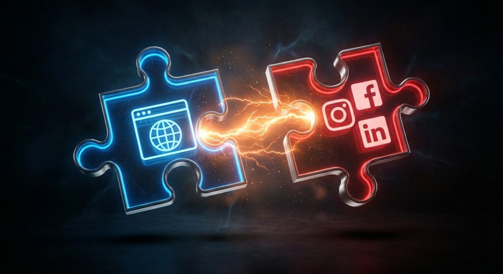 שני חלקי פאזל מתחברים - אתר אינטרנט ורשתות חברתיות יוצרים אנרגיה של שיווק דיגיטלי