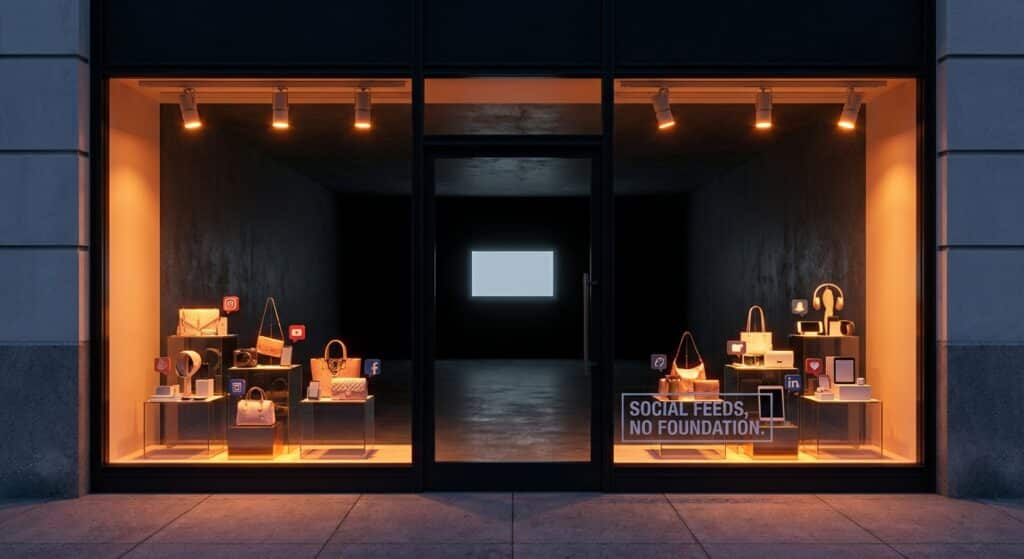 חלון ראווה מרהיב עם ריק מאחוריו - מטאפורה לשיווק ברשתות חברתיות בלי אתר אינטרנט