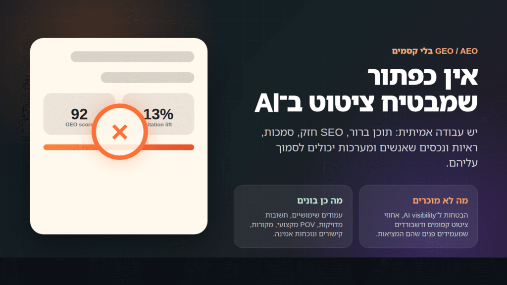 תמונת נושא: אין כפתור שמבטיח ציטוט ב-AI, מאמר שטרודל על GEO ו-AEO